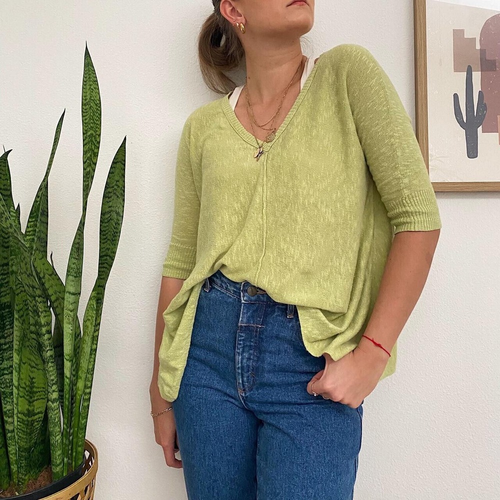 Eileen Fisher Organic Linen Cotton V-neck 3/4 Sleeve Top Green Small Lightweight - Picture 16 of 16